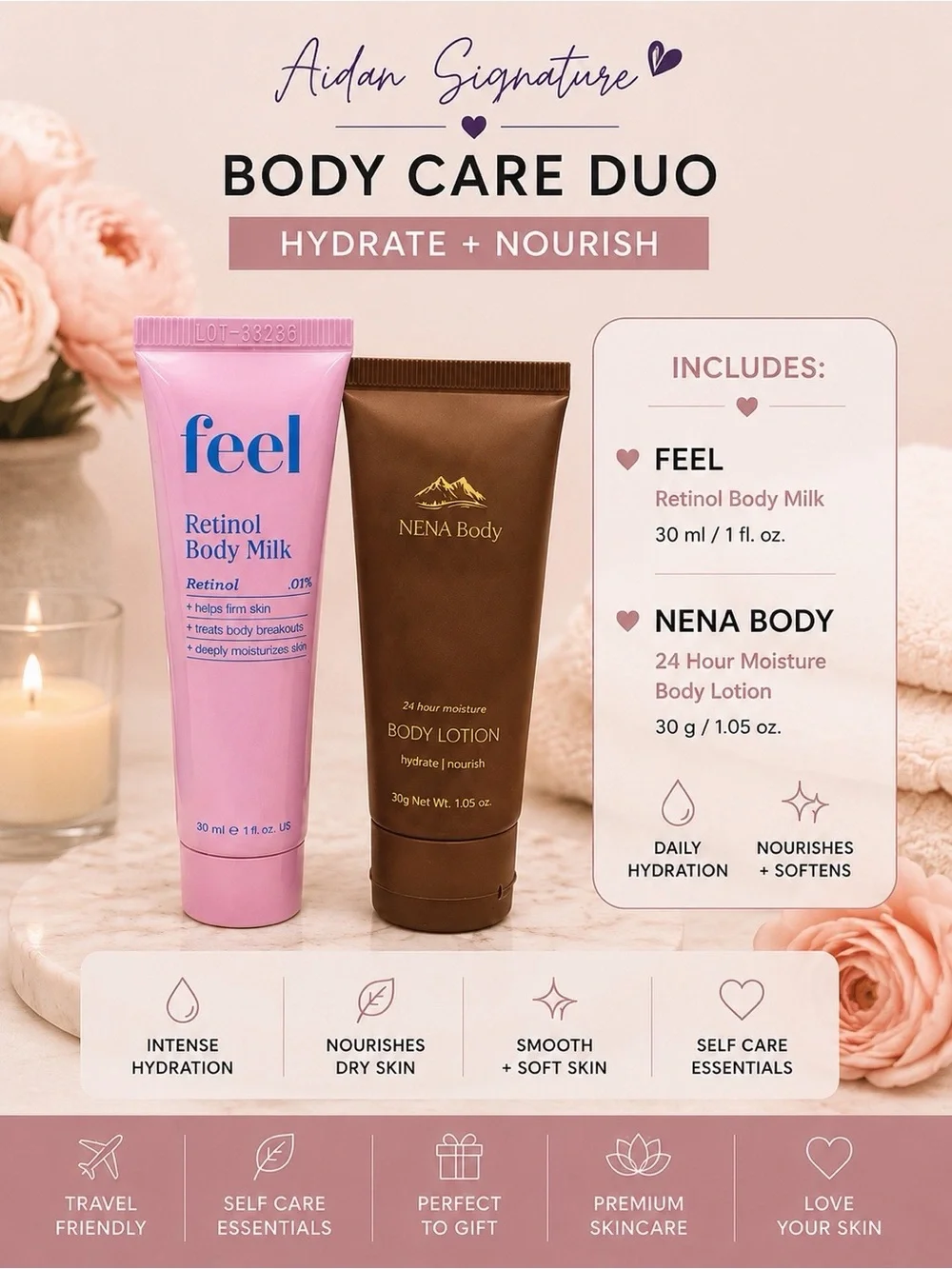 Feel Retinol Body Milk + NENA Body Lotion Travel Size Body Care Duo NWT